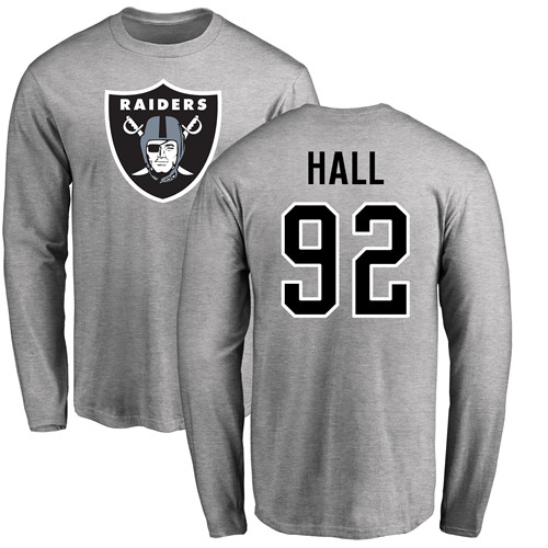 Men Oakland Raiders Ash P J  Hall Name and Number Logo NFL Football #92 Long Sleeve T Shirt->oakland raiders->NFL Jersey